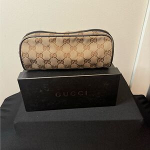 Authentic Gucci XL Size Monogram Canvas and Leather Cosmetic Bag Pouch